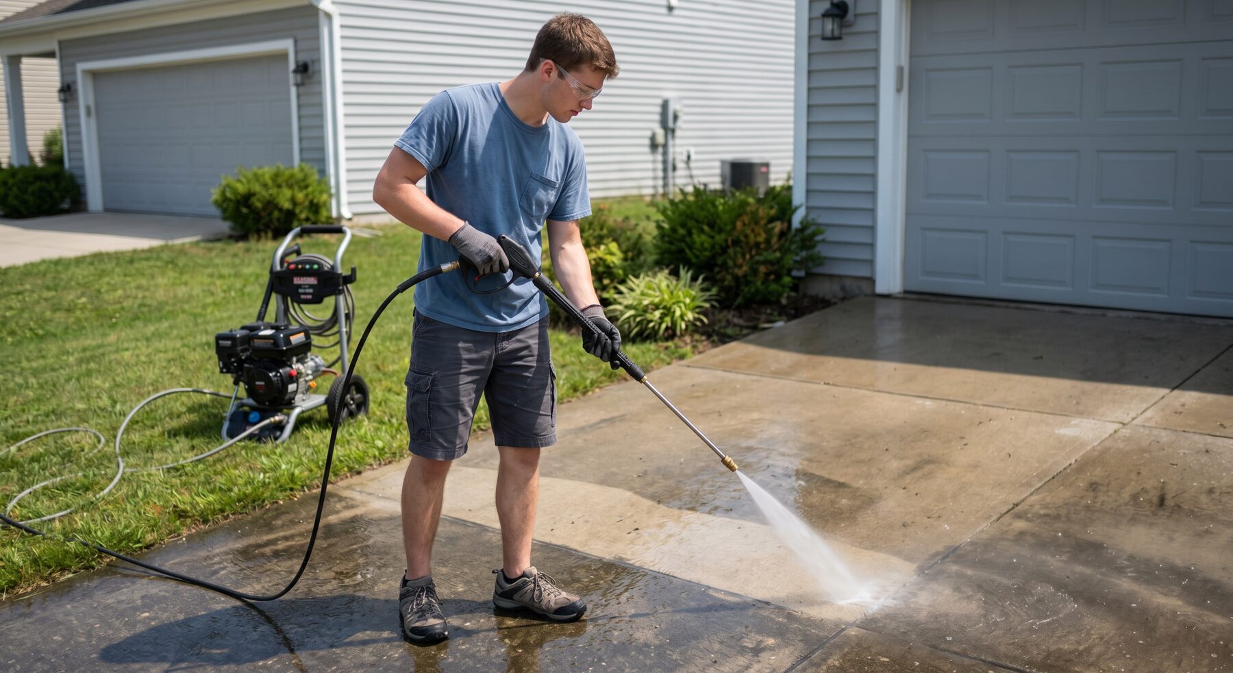 Meadows Powerwashing crew pressure-washing a residential driveway